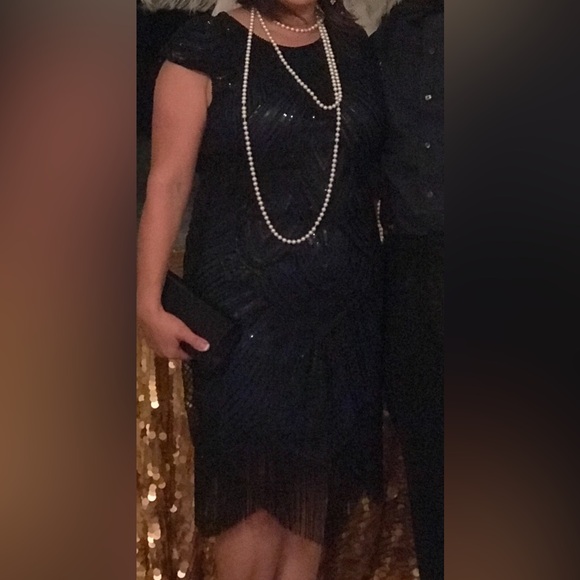 EUC Great Gatsby Style Dress. Royal Blue with Black beads and fringe. Size XXL - Picture 5 of 6